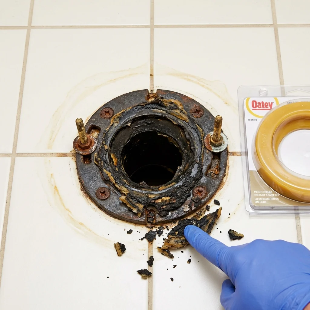 Failed wax ring showing water seepage at the base of a toilet in a Oxford, NY home